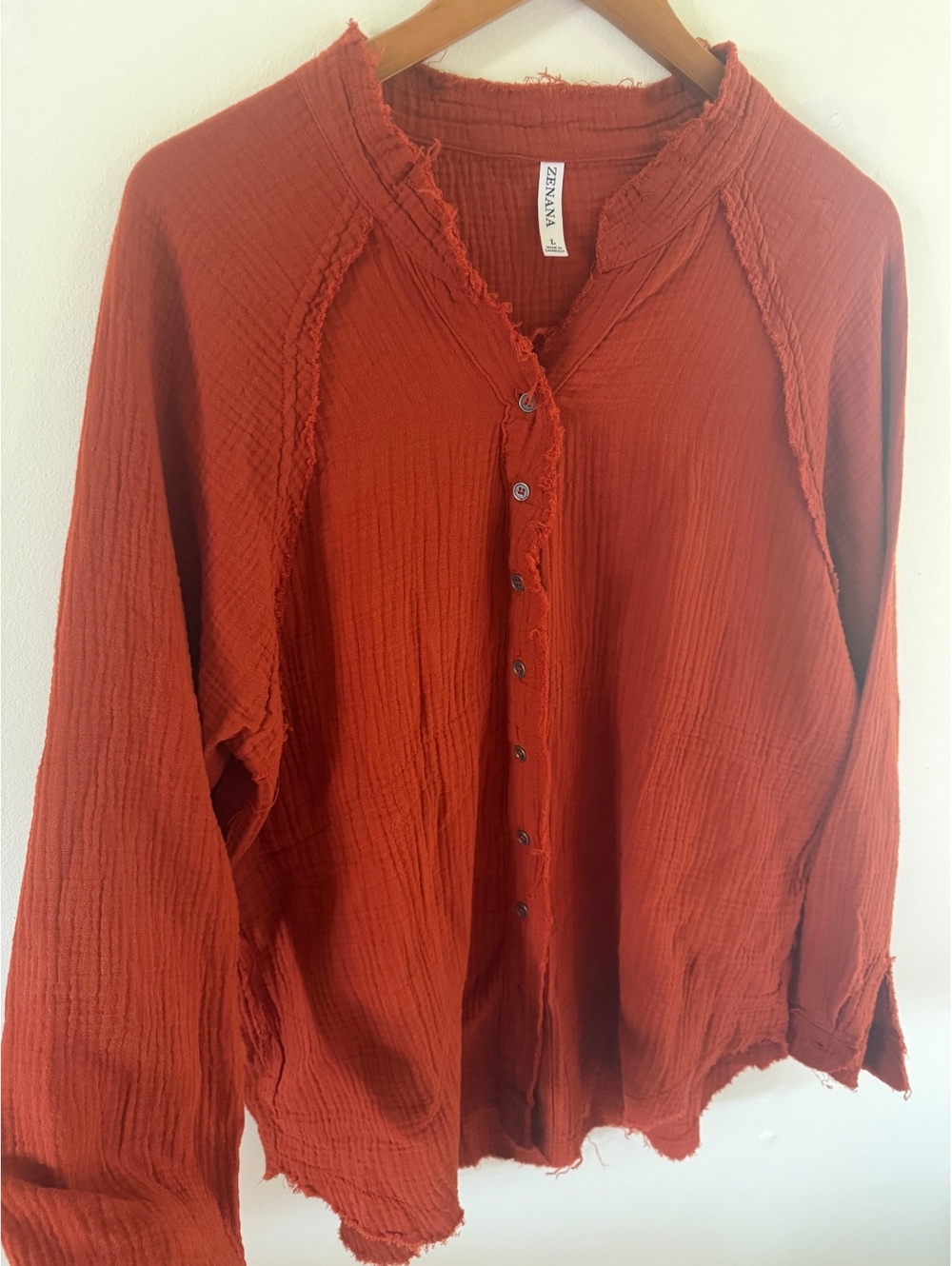 Zenana Cotton Gauze Burnt Orange Rust Button Down Shirt Size Large